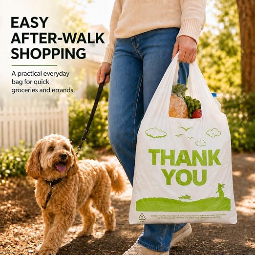 YoYoRain 1000 Pack White Design Thank You T-Shirt Bags with Handles, 11"x6"x21" Plastic Shopping Bags for Grocery, Retail & Takeout