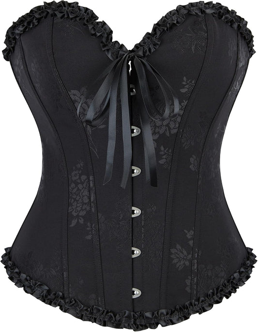 Women Classic Black Corset Top Floral Renaissance Lace Up Boned Overbust Corset Bustier