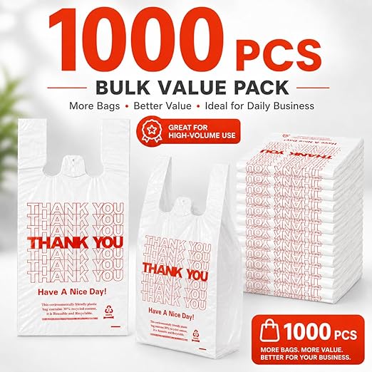 YoYoRain 1000 Pack White Thank You T-Shirt Bags with Handles, 11"x6"x21" Plastic Shopping Bags for Grocery, Retail & Takeout