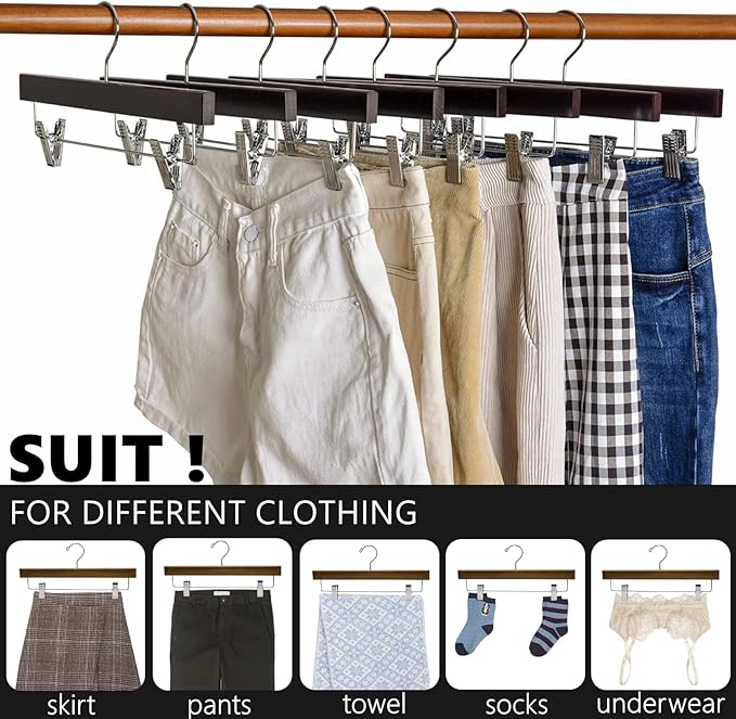 Amber Home Retro Wooden Pants Hangers with 2-Adjustable Clips, Walnut Wood Skirt & Trouser Hangers for Jeans, Slacks, Shorts (Vintage, 10 Pack)
