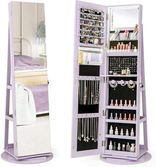 Mirror Jewelry Cabinet Standing with Full Length Mirror, 360Â° Swivel Jewelry Armoire with 3-Color LED Lights & Foldable Makeup Shelf, Lockable Organizer for Women, Space-Saving (Lavender)