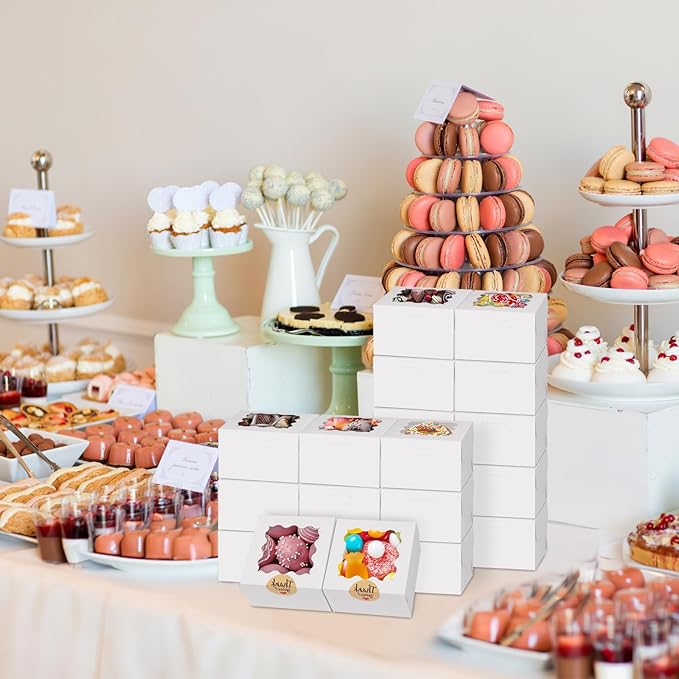 WINKIO 24pcs White Cookie Boxes, 4x4x2.5 Inches Bakery Boxes with Window, for Mini Cake Treat Dessert Pastry Donuts Macaroon Strawberries Chocolate Candy (with Stickers)