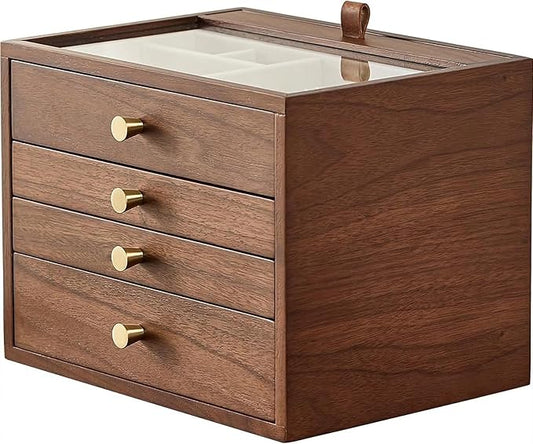 CHOSIN Black Walnut Wooden Jewelry Box for Women, Wood Jewelry Organizer 4 Layer with Glass Lid and Pull-out Necklace Storage Layer, for Watch Necklace Ring Earring Storage Valentine's Day Gifts
