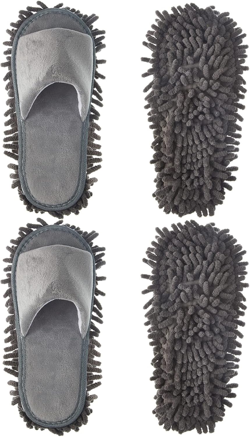 Jecery 2 Pairs Microfiber Cleaning Mop Slippers for Floor Cleaning House Mop Shoes Men and Women Washable Unisex Dusting Slippers Dirt Tool Supplies(Large,Gray)