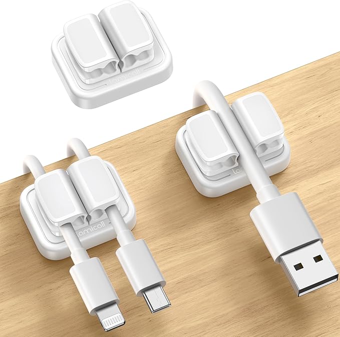 3-in-1 Cord Organizer Spring Clip Holder - Lamicall Small Desk Cable Organizer Clips, Adhesive Adjustable Wire Holder for Phone Charging Cord, Cable Management, Office Desk Accessories, White, 3Pcs
