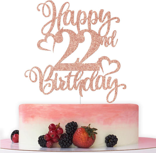 Happy 22nd Birthday Cake Topper, Cheers to 22 Years, Hello 22, 22nd Birthday Anniversary Party Decorations, Rose Gold Glitter