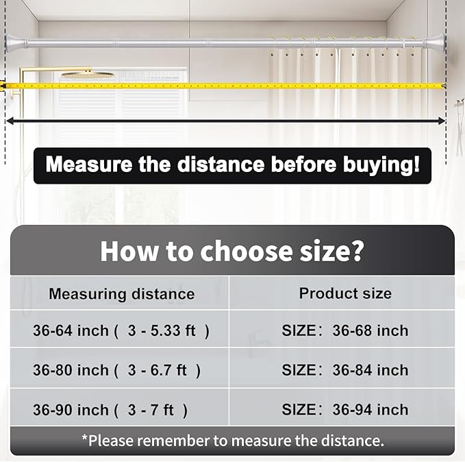 YNL Silver Shower Curtain Rod 36-84 Inch(3-7ft), No Slip No Drill Stainless Steel Spring Tension Curtain Rod, No Rust Shower Rod Adjustable For Bathroom Window Bedroom