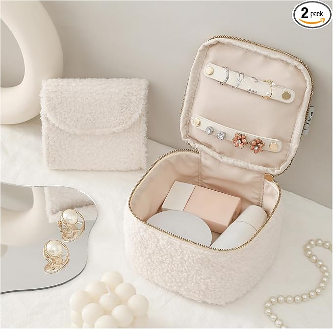 Travel Jewelry Case, 2-In-1 Small Jewelry Organizer Travel Jewelry Storage with Foldable Jewelry Roll for Earrings Rings Makeup, Travel Essentials Gifts for Women Girl,Cream White