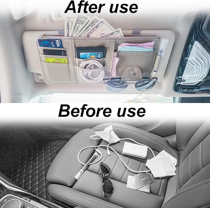 Keedolla Car Sun Visor Organizer with Zipper Pocket, Auto Interior Accessories Pocket Organizer Car Truck Visor Storage Pouch Holder for Cards, Pens, Sunglasses and Document - Gray
