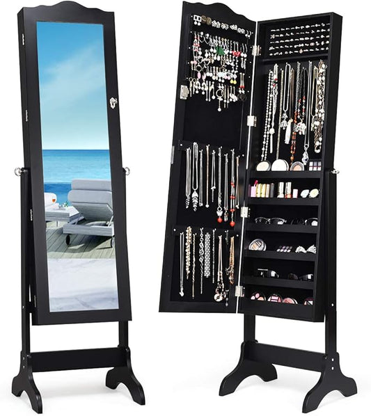 Giantex Jewelry Cabinet Armoire Lockable with Mirror, Standing Full Length Mirror with Jewelry Cabinet, 3 Adjustable Angles, Jewelry Organizer Storage Box Birthday Christmas Gifts (Black)