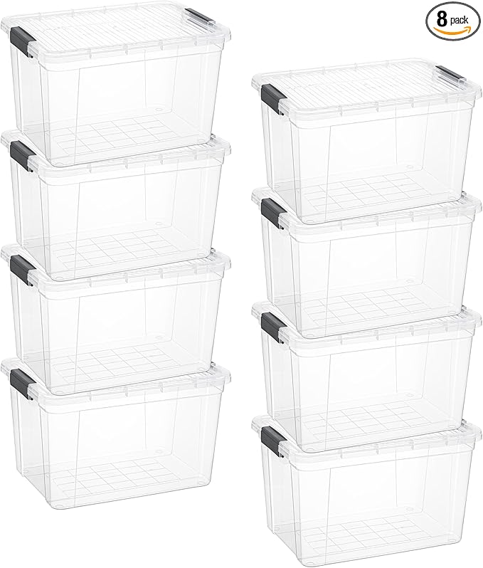Superio Clear Storage Boxes with Lids, 26 Quart Plastic Container Bins for Organizing, Stackable Crates, BPA Free, Non Toxic, Odor Free, Organizers for Home, Office and Dorm, 8 Pack