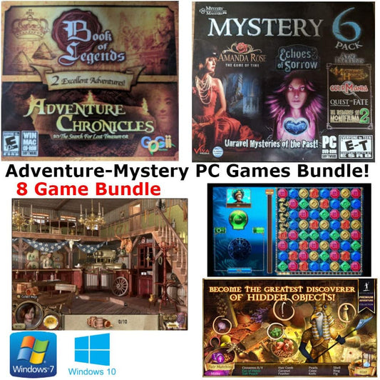 Mystery Masters 6 Pack and Adventure Chronicles 2 Pack PC Games Bundle: Amanda Rose: The Game of Time, Echoes of Sorrow Treasures of Montezuma 2, Mysteries of Horus, Book of Legends and More!