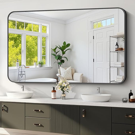 Koonmi Black Framed Bathroom Mirror - 36x60 Inch Shatterproof Tempered Glass Vanity Mirror for Bathroom Sink, Wall Mounted with Matte Aluminum Alloy Frame, No Distortion, Modern Decor