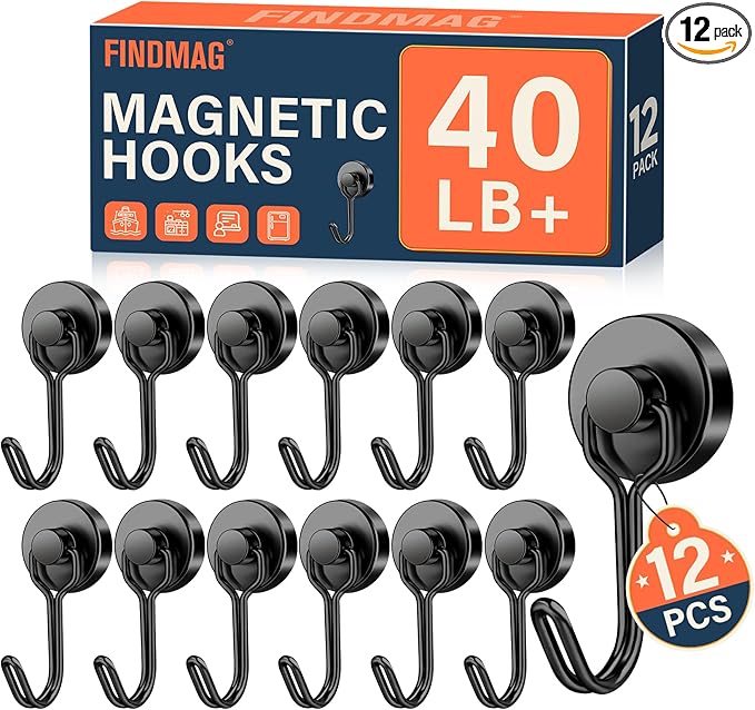 FINDMAG 40LB Magnetic Hooks, Heavy Duty Neodymium Hooks, Strong Hanging Hooks for Kitchen, Office, Garage, Warehouse, Black, Pack of 12