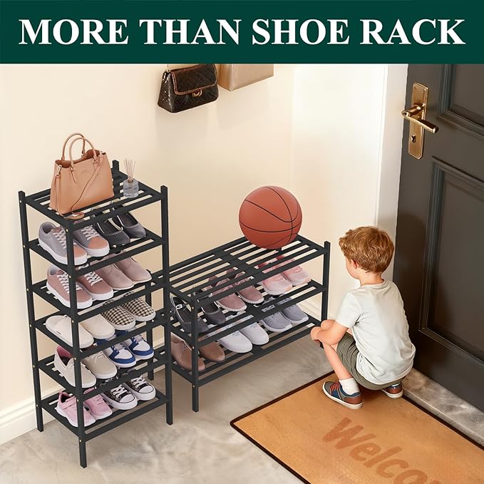 Smiry Long Bamboo Shoe Rack 6-Tier, Stackable Wooden Shoe Organizer for Entryway & Closet, Free Standing Wood Shoe Storage Shelf for Front Door & Small Spaces, Black