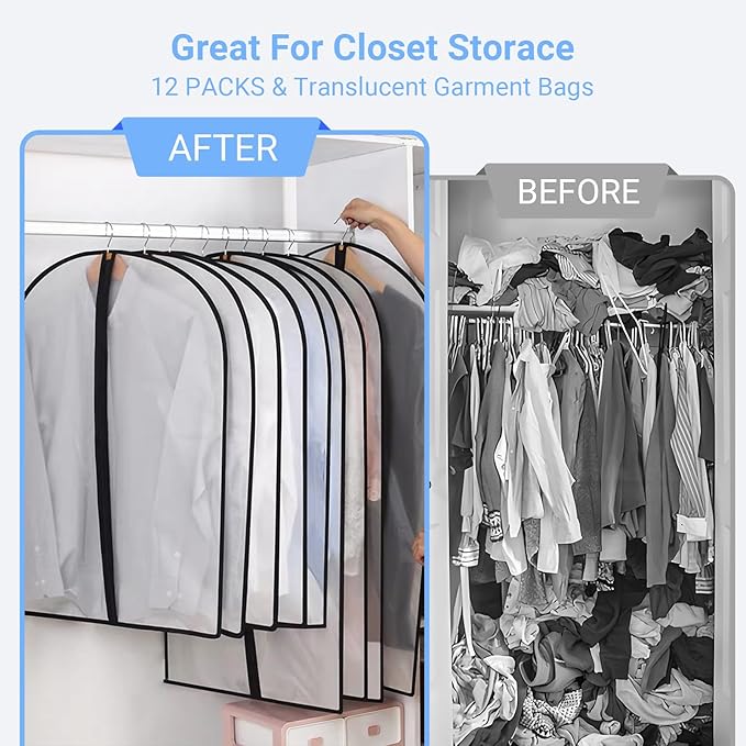 Garment Bags Covers (24''X60'' Set of 12) Long Dress Bags for Hanging Clothes (Pack of 6) with Study Full Zipper Coat Covers for Closet Clothes Storage and Travel