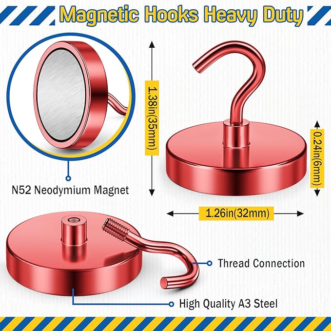 FINDMAG Magnetic Hooks for Cruise Cabins, 110lbs Magnetic Hooks for Hanging Heavy Duty, Cruise Ship Magnets for Grill, Classroom Organization, Strong Fridge Magnets, Office Supplies, 6 Pack, Red