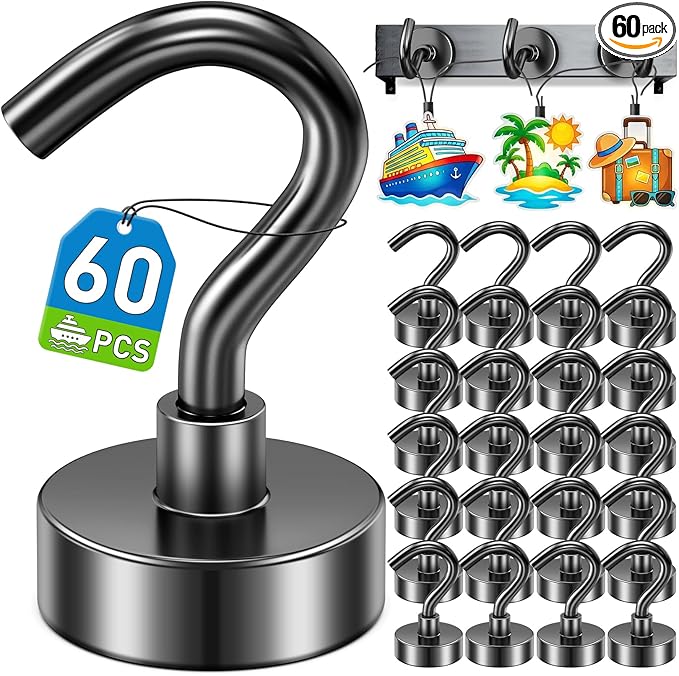 60 Pack Magnetic Hooks for 2026 Cruise Cabins Beach Vacation 30lbs+ Heavy Duty Magnet with Hook Metal Magnetic Hooks for Kitchen Fridge Grills Hanging Magnet Hooks for Classroom Locker Whiteboard