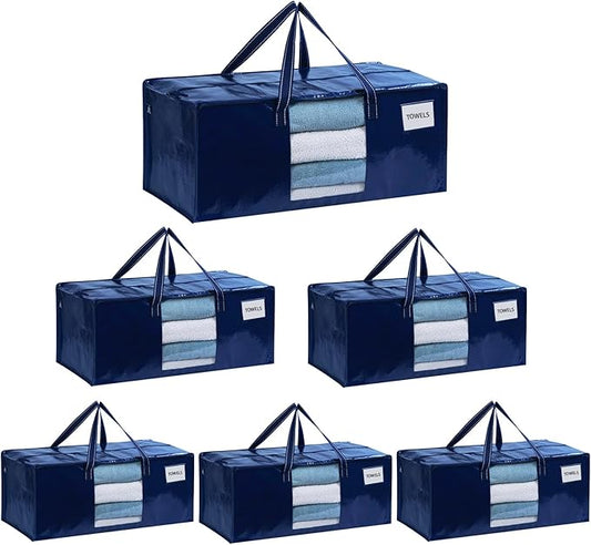 VENO 6 Pack Heavy Duty Moving Bags, Christmas Storage Bins with Lids, Transparent Window Design, Alternative to Moving Boxes, Storage Bags for Clothes, Blankets, Comforters, Pillows (Blue, 6 Pack)