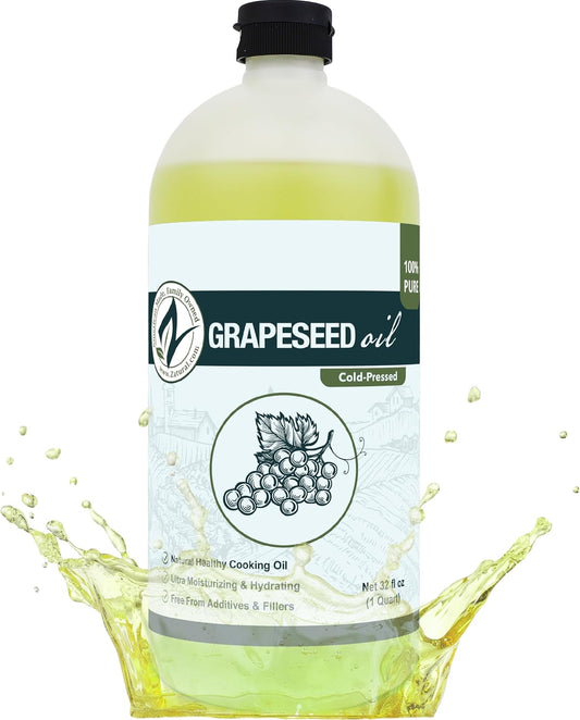 Zatural 100% Pure Cold Pressed Grapeseed Oil – Naturally Grown Virgin, High Smoke Point 450°F+, Non-GMO, Perfect for Cooking Frying Baking, Dressings Marinades & Skincare Hair (32 Fl oz)