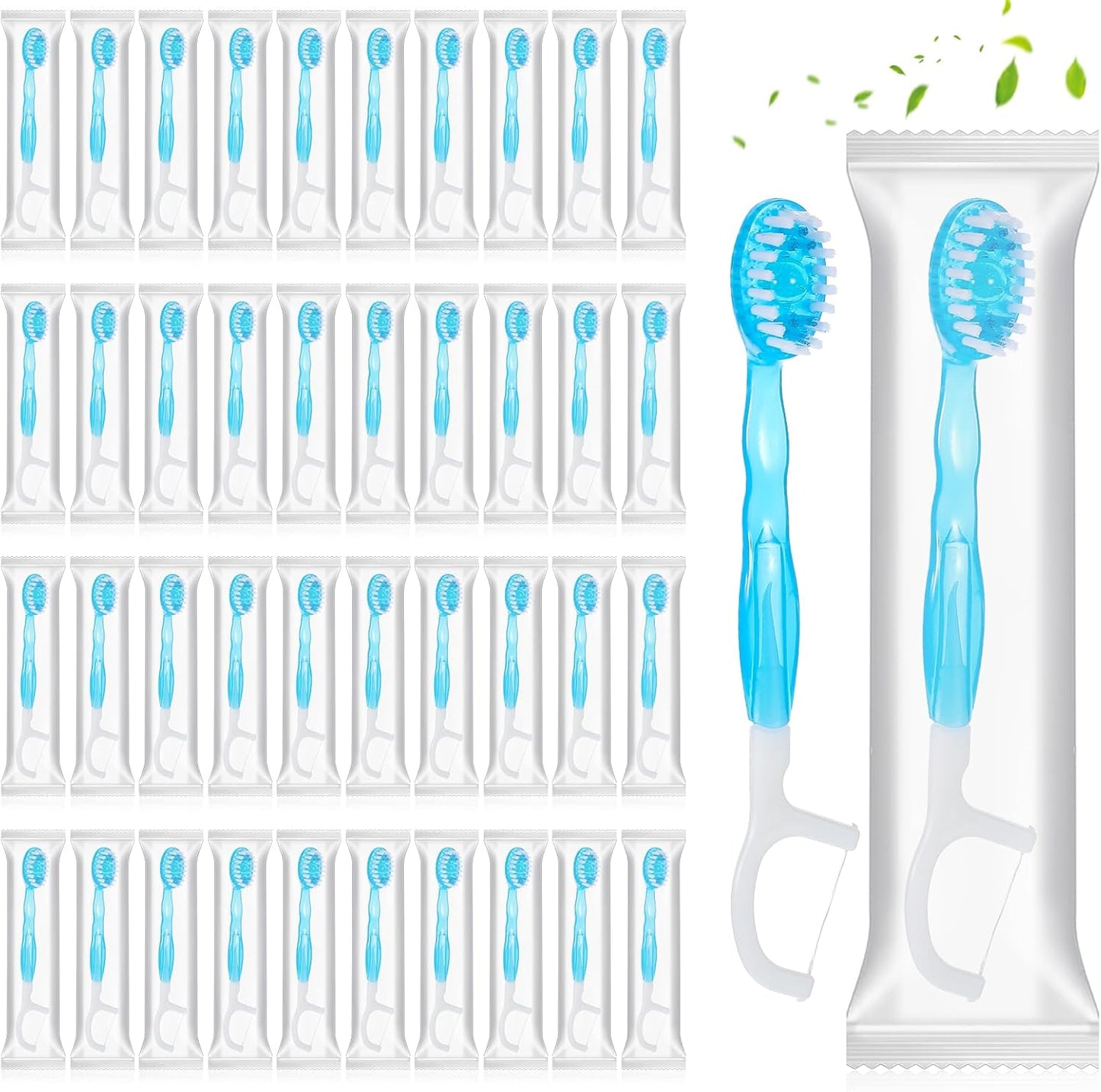 50 Pack Individually Wrapped Disposable Mini Travel Toothbrushes, 5 in 1 Pre-Pasted Toothbrush Brush+Floss+Pick+Tongue Scraper On The Go Portable Toothbrush with Freshening Bead, Coolmint