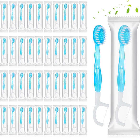 50 Pack Individually Wrapped Disposable Mini Travel Toothbrushes, 5 in 1 Pre-Pasted Toothbrush Brush+Floss+Pick+Tongue Scraper On The Go Portable Toothbrush with Freshening Bead, Coolmint