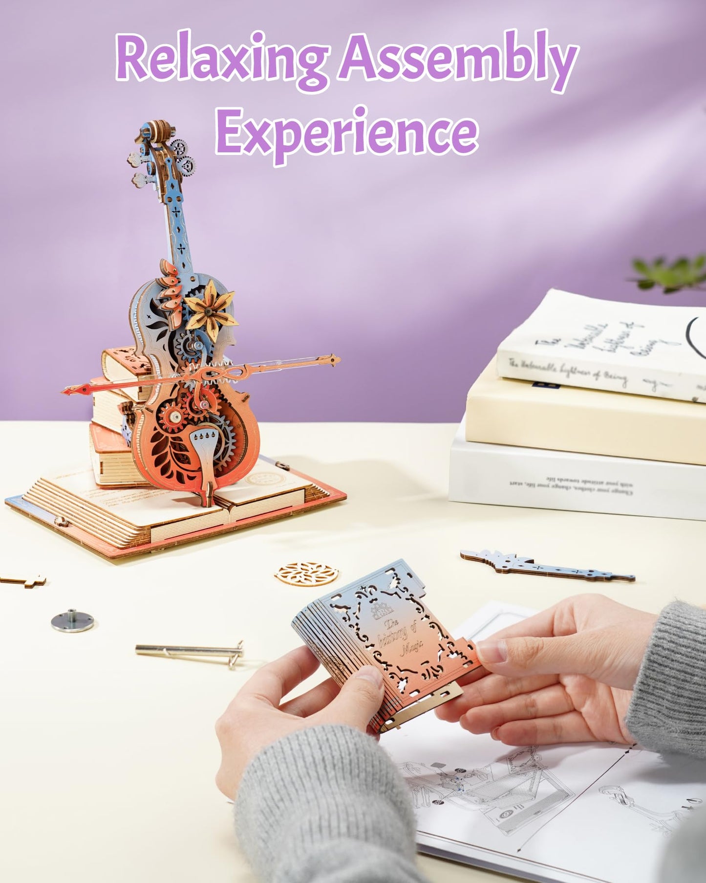ROKR 3D Puzzles for Adults, Wooden Music Boxes-Cello, Model Kits for Adults, DIY Building Sets, Birthday Gifts Hobbies for Women Men