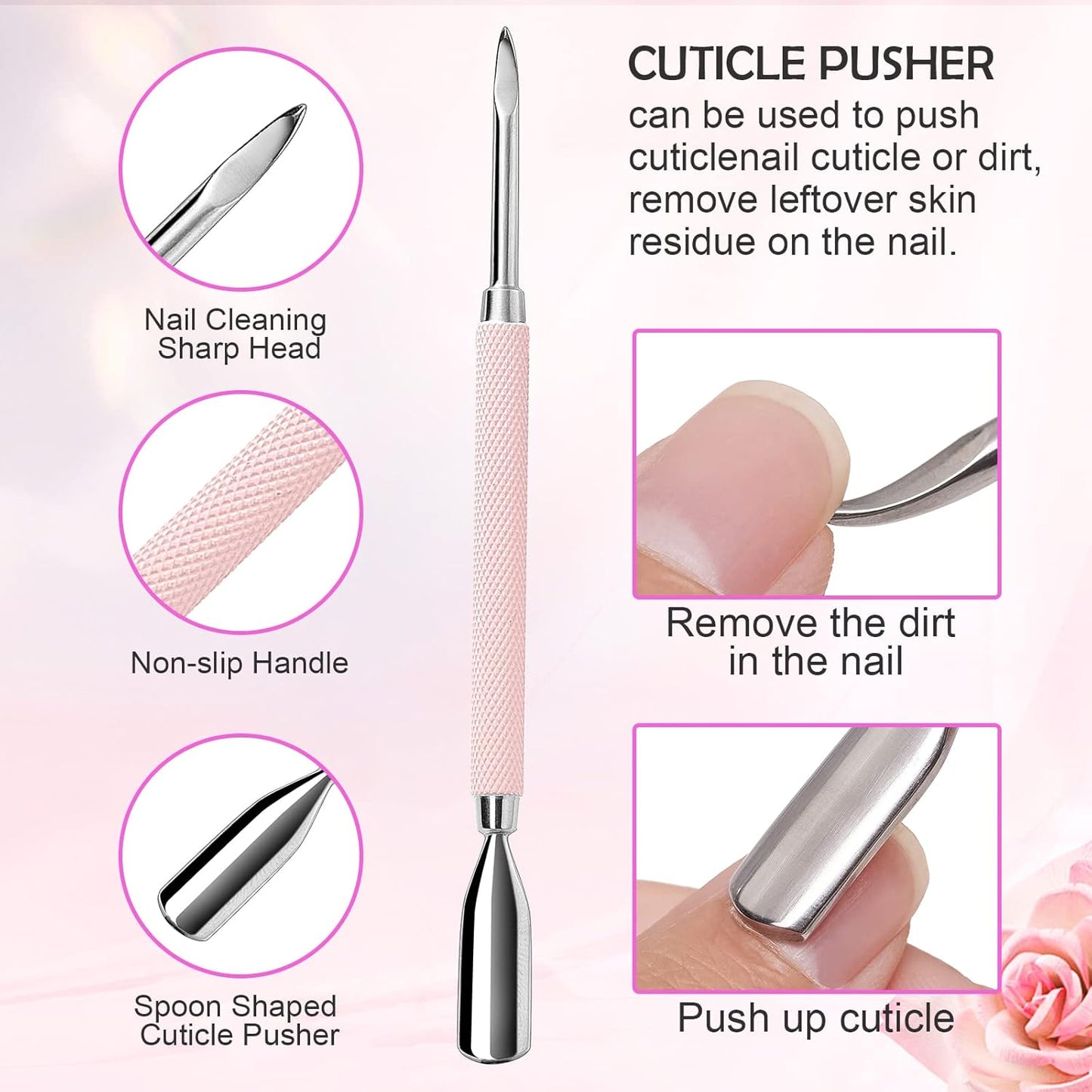 Makartt Cuticle Trimmer with Cuticle Pusher, 3 PCS Pink Nail Cuticle Nipper Professional Pedicure Manicure Tools with Stainless Steel Dual End Pusher, Nail Scraper