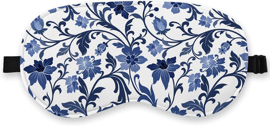 Blue and White Porcelain Silk Eye Mask for Sleeping, Adjustable Strap Night Sleep Mask for Women Girls, Airplane Travel Nap, Blue Flowers Sleeping Mask Eye Cover