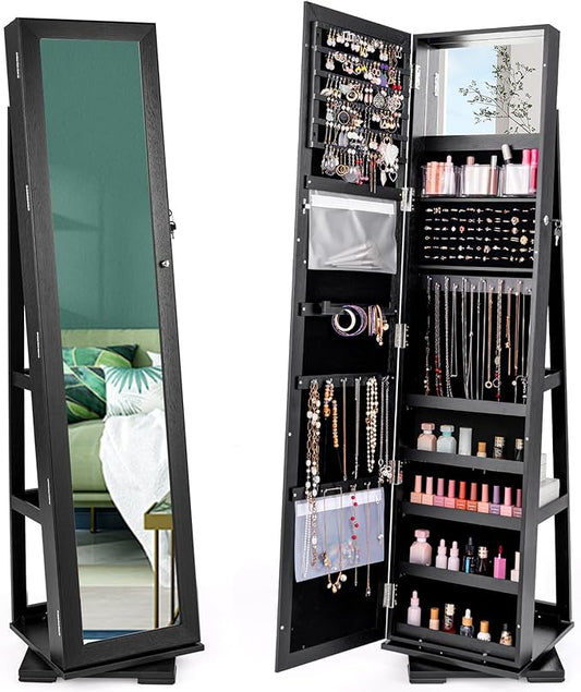 CHARMAID 360Â° Swivel Jewelry Armoire with Full Length Mirror, Standing Lockable Jewelry Cabinet Organizer, Large Storage Capacity, Inside Makeup Mirror, Back Storage Shelves (Black)