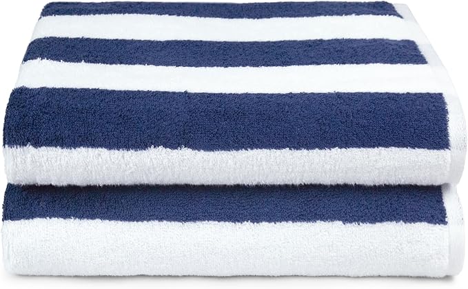 Amazon Basics 100% Cotton Soft & Absorbent Beach Towels, Cabana Stripe, Fast Drying, Machine Washable, Large 30 in x 60 in, Navy Blue, 2-Pack