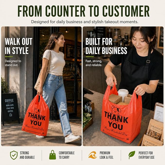 YoYoRain Red Thank you T shirt bag, Grocery shopping bag Reusable and Disposable Supermarket Bag 11''x6''x21'' 100PCS