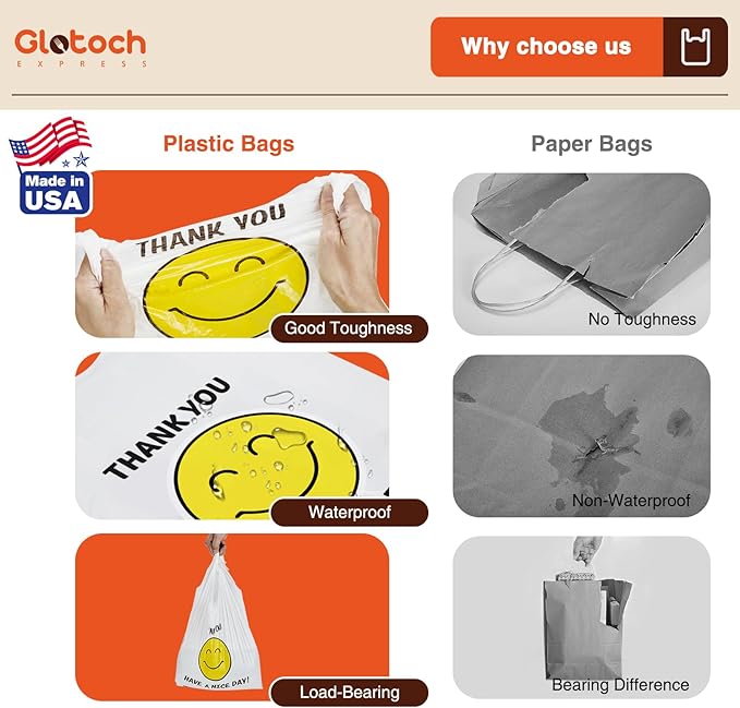 Glotoch 20000 (20K) Ct Plastic Thank You T-shirt Bags Smile Face, 11.5 x 6.5x 21" Have Nice Day Grocery Shopping Gift Bag with Handles for Restaurant, Retail, Togo, Convenience Store, in Bulk Business
