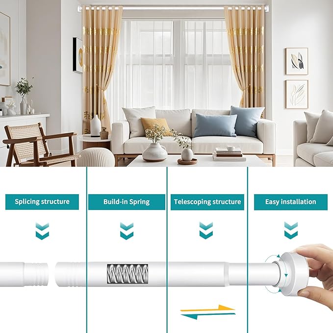Tension Curtain Rod 36-120In(3-10Ft) with 2 Rod Holders, No Drilling Never Rust Long Shower Curtain Rod, Adjustable Spring Curtain Rod for Large Window or Outdoor Patio, Stainless steel, White