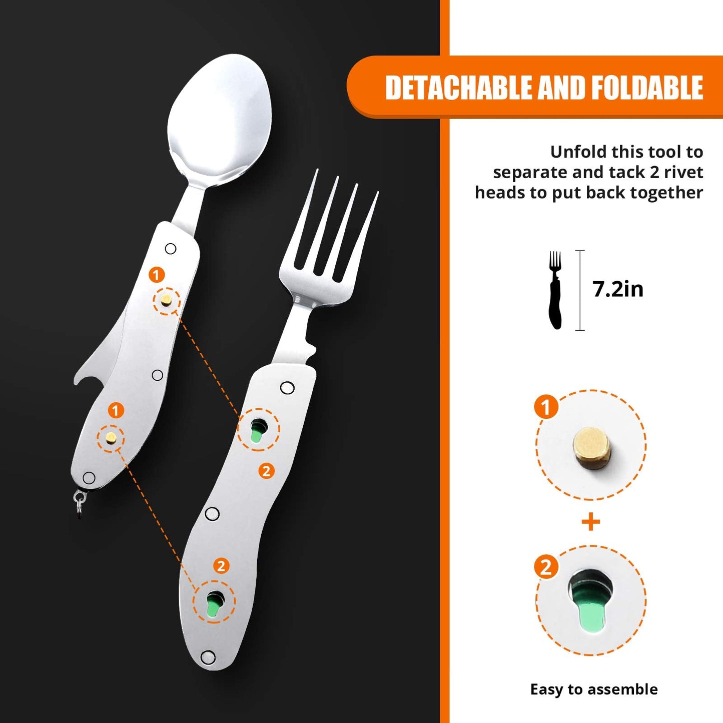 HIKENTURE Camping Utensils 2 Pack, 4-In-1 Stainless Steel Spoon Fork Knife Set Backpacking Travel Cutlery Metal Multitool Boy Scout(Green 2pack)