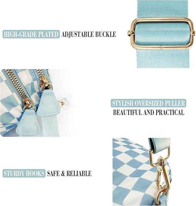 Checkered Crossbody Bag for Women, Spacious Sling & Stylish Bum Bag for Travel, Concerts, Festival, Nylon Fanny Pack Belt Bag (Colour Bum Bag-Ice Blue Checkered)