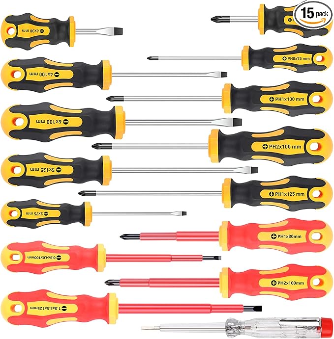Amartisan 15-Piece Magnetic Screwdrivers Set, 5 Phillips Slotted Tips and Insulated Screwdriver Set (1000V)ï¼Professional Cushion Grip