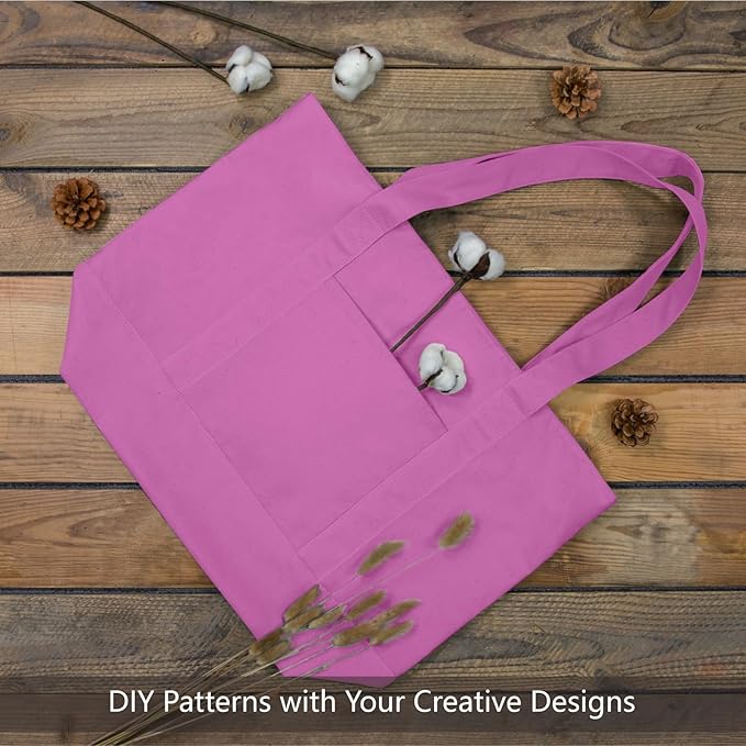 TOPDesign 3-Pack Canvas Tote Bags with an External Pocket, Reusable Grocery Shopping Bags, Top Zipper Closure, Daily Essentials (Light Purple)