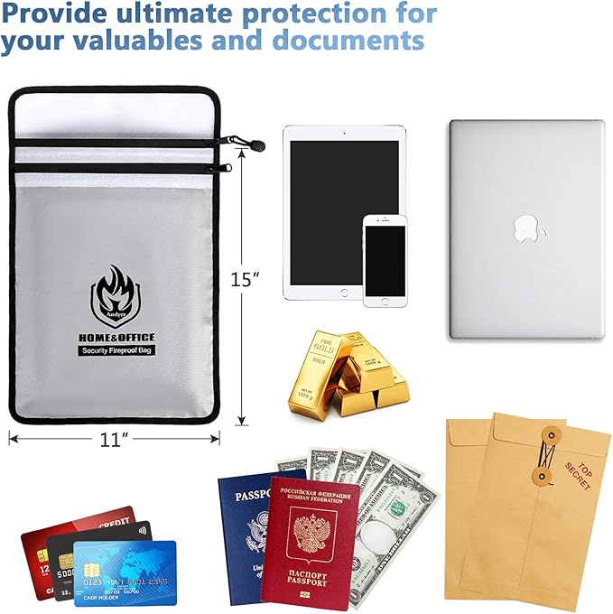 Upgraded Two Pockets Fireproof Document Bag (2000℉), andyer 15”x 11”Waterproof Fireproof Money Bag for Cash with Zipper, Important Document Storage Organizer for Valuables, Legal Documents Safe