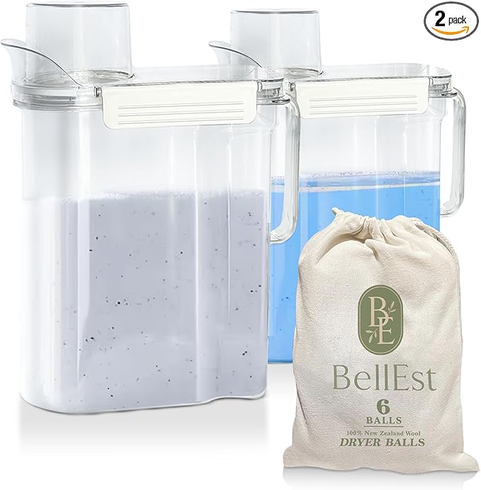 2 Pack 101 oz Plastic Detergent Dispenser , Laundry Detergent Dispenser with Handle for Better Grip , Laundry Soap Dispenser with 6 Pieces of Dryer Wool Balls Included.