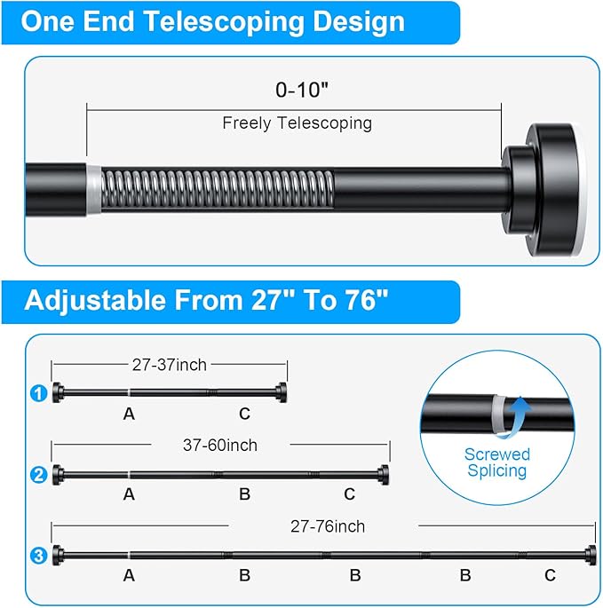 TEECK Shower Curtain Rod, 27-76 inch Adjustable Spring Tension Curtain Rod, Never Rust Anti-Slip Shower Curtain Rod for Bathroom, No Drilling, Never Collapse, Easy to Use, Black