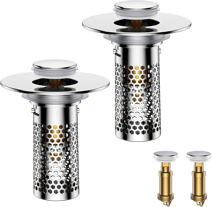 Bathroom Sink Drain Strainer,Universal Pop-Up Sink Stopper Hair Catcher, Anti-Clog Stainless Steel Drain Filter Basket, Removable Sink Drain for Bathroom Sink Stopper (YSilver-2ï¼with Buckleï¼)