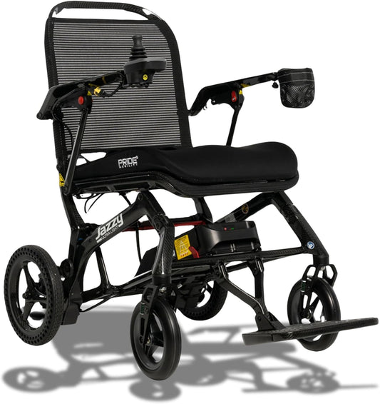 Pride Mobility Jazzy Ultra Light Folding Travel Power Chair - 300 lbs Capacity, 3.69 mph, Lightweight Foldable Electric Wheelchair for Travel Seniors, Adults – 20Ah Extended-Range Battery (Black)