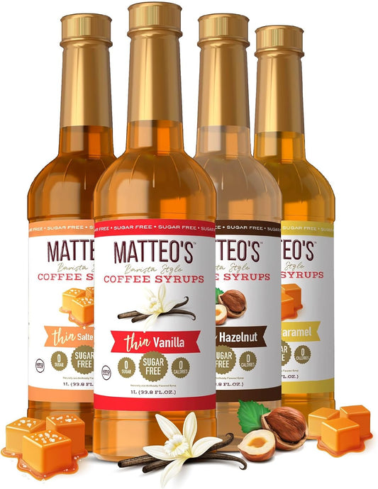 Matteo's Sugar Free Coffee Syrups - Zero Sugar Flavor Syrup, Barista Style Variety Pack of Coffee Flavoring Syrups, 0 Calorie, Keto-Friendly, Salted Caramel, Vanilla, Hazelnut, Caramel, 33.8oz, 4 Pack