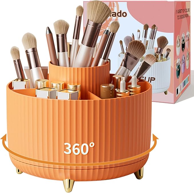 360Â° Rotate Makeup Brush Holder Organizer, Makeup Organizers Countertop, Makeup organization and Skincare Storage for Vanity, Desktop, Bathroom (Orange)