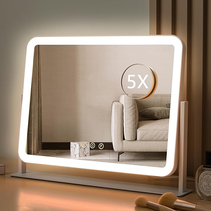 HIEEY Vanity Mirror with Lights, Lighted Makeup Mirror, Three Color Lighting Modes, and 5X Magnification Mirror, Smart Touch Control, 360Â°Rotation (17.4" x 13.5" White,Gift Box)