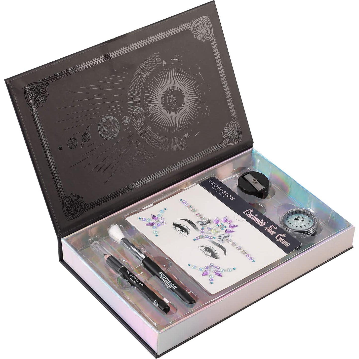 Profusion Cosmetics 5-pc Makeup Look Book, Long Lasting Eye Makeup for Women Eye Brightening Pressed Glitter with Eyeshadow Brush and Black Eyeliner, Easy To Clean and Convenient Makeup Sharpener