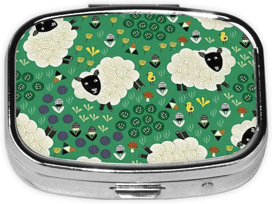 Cute Cartoon Sheep Print Square Metal Pill Box Decorative Pill Case - Carry Your Meds in Style (Rectangular)