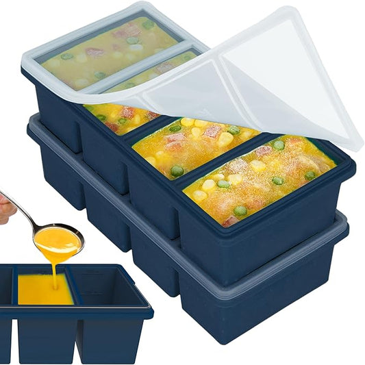 1 cup Silicone Freezer Trays with Lids, Soup Container Style Ice Cube Trays, Easily prepare portioned meals, Great for storing soups, leftovers, sauces and other dishes, Dishwasher, Oven Safe â 2 Pack