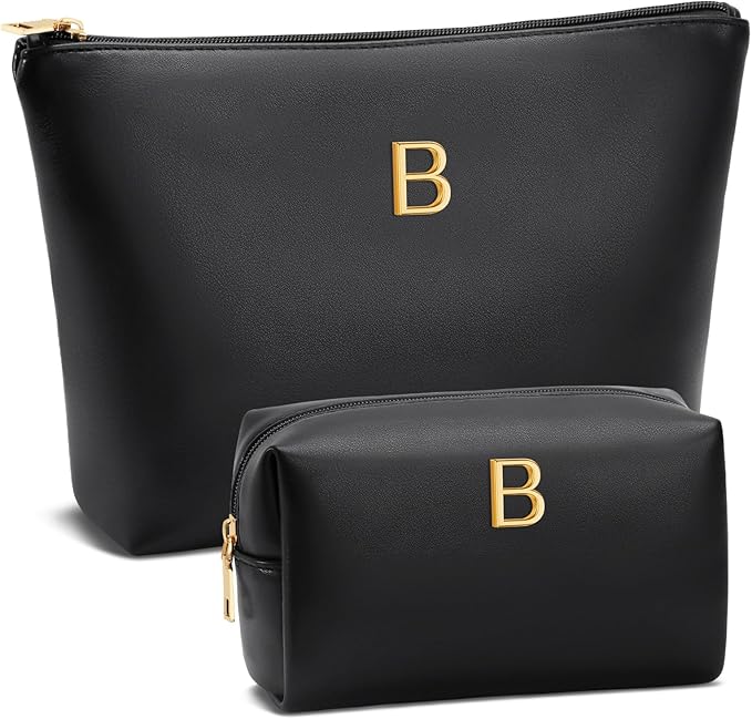 Valentine's Day Gifts for Women Girlfriend Initial Makeup Bag for Teen Girls Personalized Gifts for Friend Teacher Mom Wife Cosmetic Travel Toiletry Bag(Black,B)